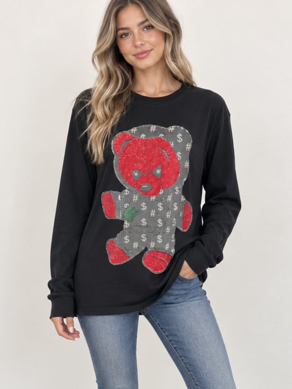 Black Rhinestone Teddy Bear Long Sleeve Shirt XL Y2K Streetwear